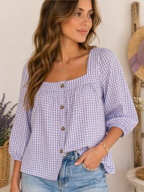 CYRUS Gingham Babydoll Blouse Puff Sleeve Square Neck Cottagecore Lavender NWT